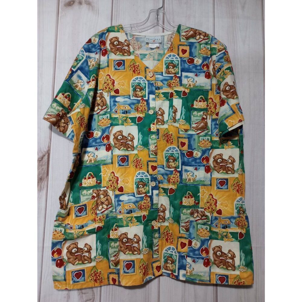 Peaches Uniforms Teddy Bear Print Scrub Top XL Blue Yellow Cotton Button Front
